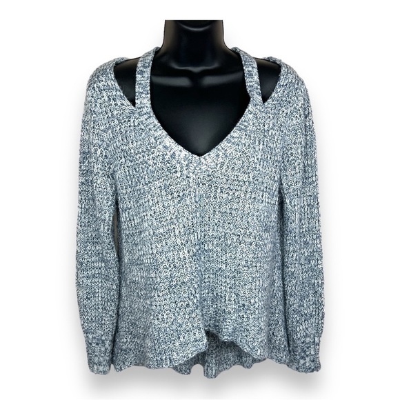 Large Derek Heart Blue White Knit V Neck Sweater Cold Shoulder  Casual - Picture 1 of 8